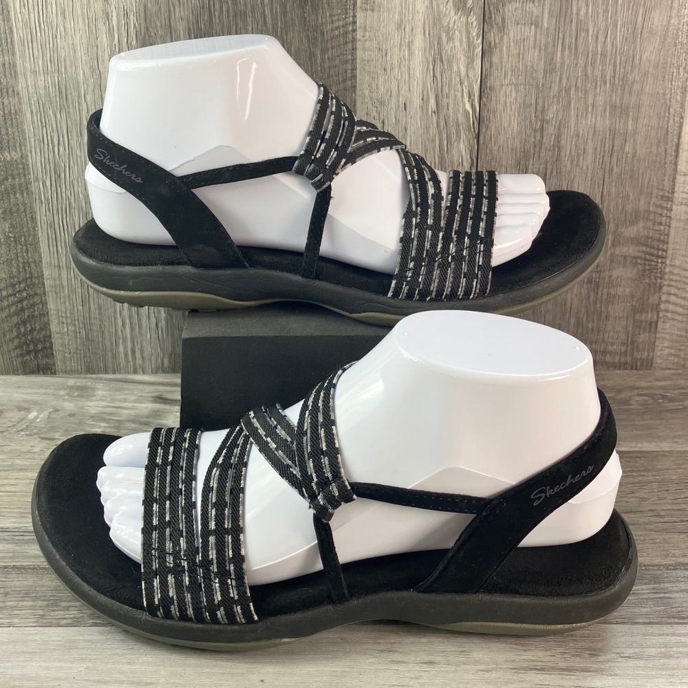 Skechers Reggae Slim Vacay Black White Strappy Memory Foam Sandals Womens 8